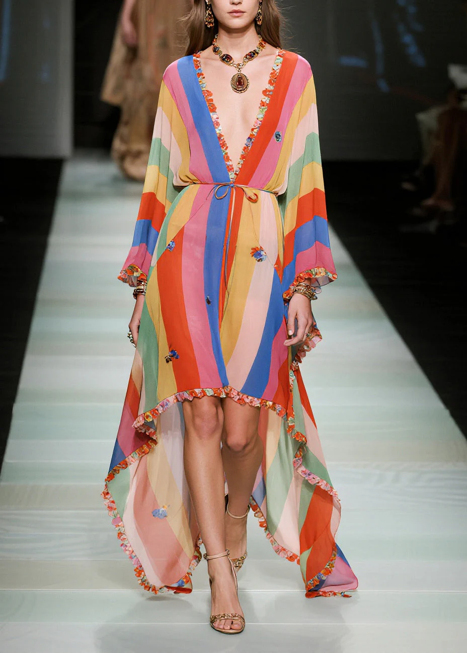 Women Multicolored Striped Asymmetrical Ruffled Chiffon Holiday Dress Summer - Image 5