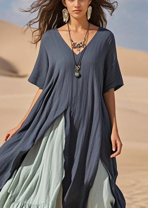Women Navy Asymmetrical Patchwork Cotton Vacation Dresses Summer - Image 2