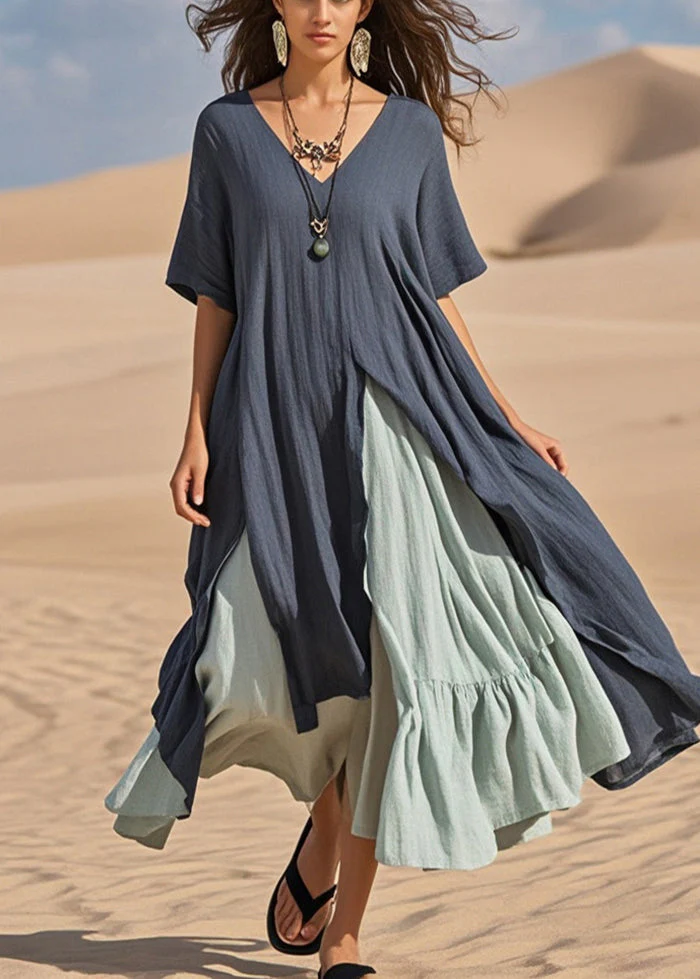 Women Navy Asymmetrical Patchwork Cotton Vacation Dresses Summer - Image 3