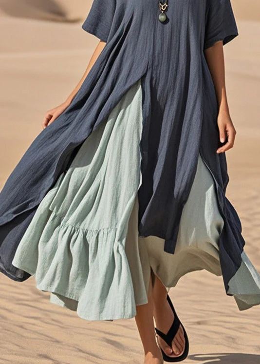 Women Navy Asymmetrical Patchwork Cotton Vacation Dresses Summer - Image 4