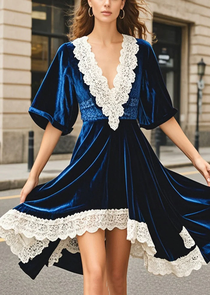 Women Navy Asymmetrical Patchwork Silk Velvet Dresses Summer - Image 3