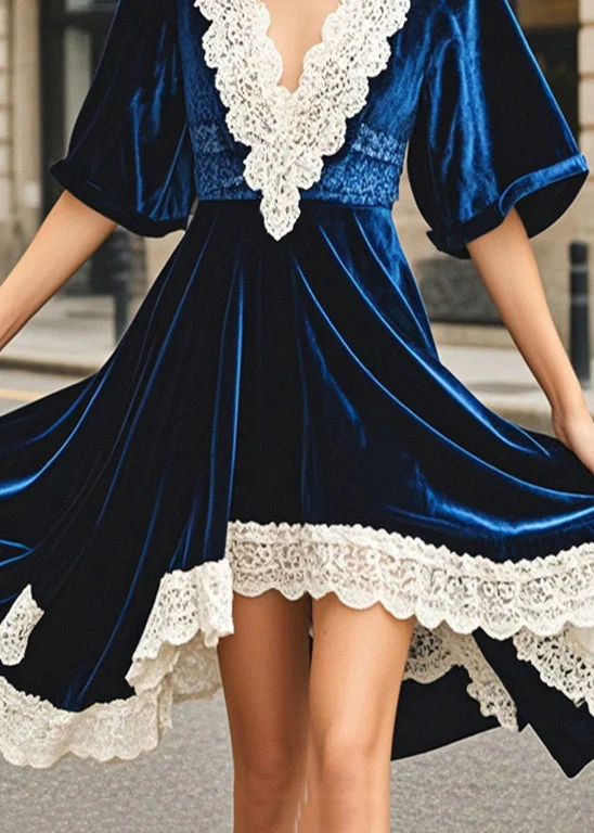 Women Navy Asymmetrical Patchwork Silk Velvet Dresses Summer - Image 4