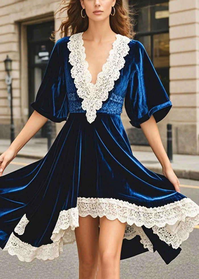 Women Navy Asymmetrical Patchwork Silk Velvet Dresses Summer - Image 5