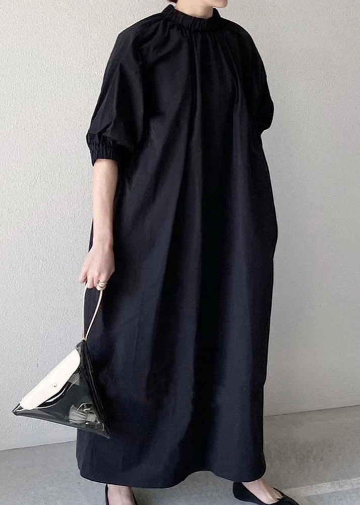 Women Navy Back Zippered Cotton Maxi Dress Half Sleeve - Image 2