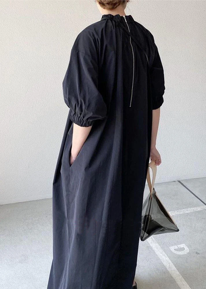 Women Navy Back Zippered Cotton Maxi Dress Half Sleeve - Image 3