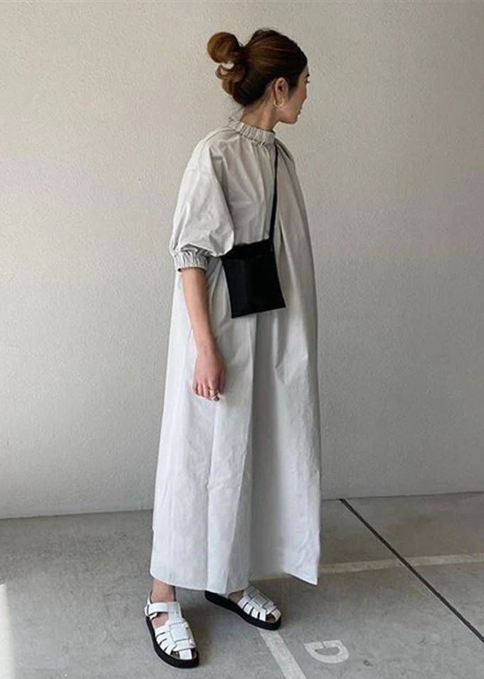 Women Navy Back Zippered Cotton Maxi Dress Half Sleeve - Image 4
