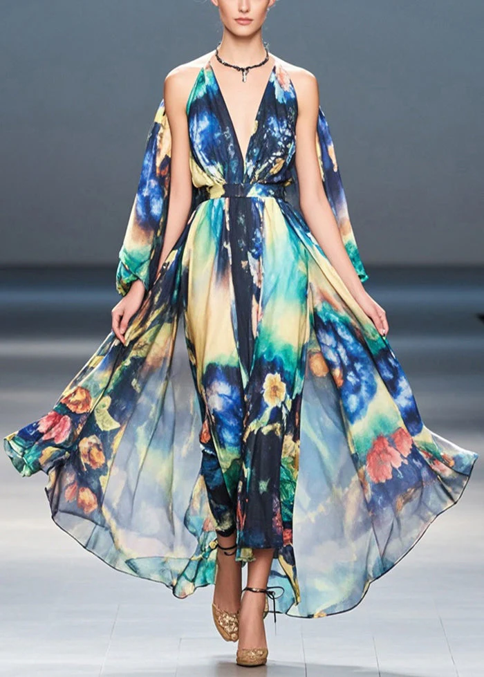 Women Navy Cold Shoulder Print Chiffon Holiday Dress Summer - Image 3