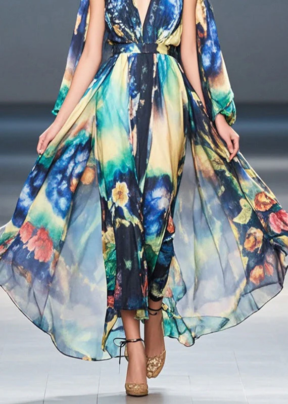 Women Navy Cold Shoulder Print Chiffon Holiday Dress Summer - Image 4
