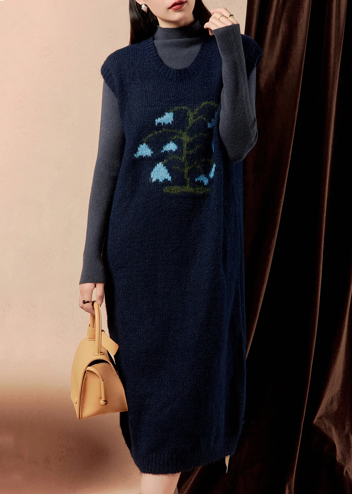 Women Navy Embroidered Cozy Knit Dress Sleeveless - Image 2
