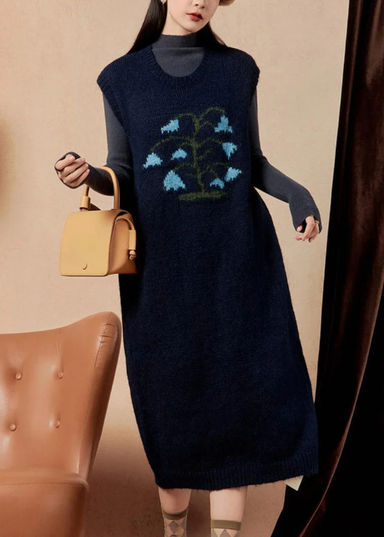 Women Navy Embroidered Cozy Knit Dress Sleeveless - Image 3
