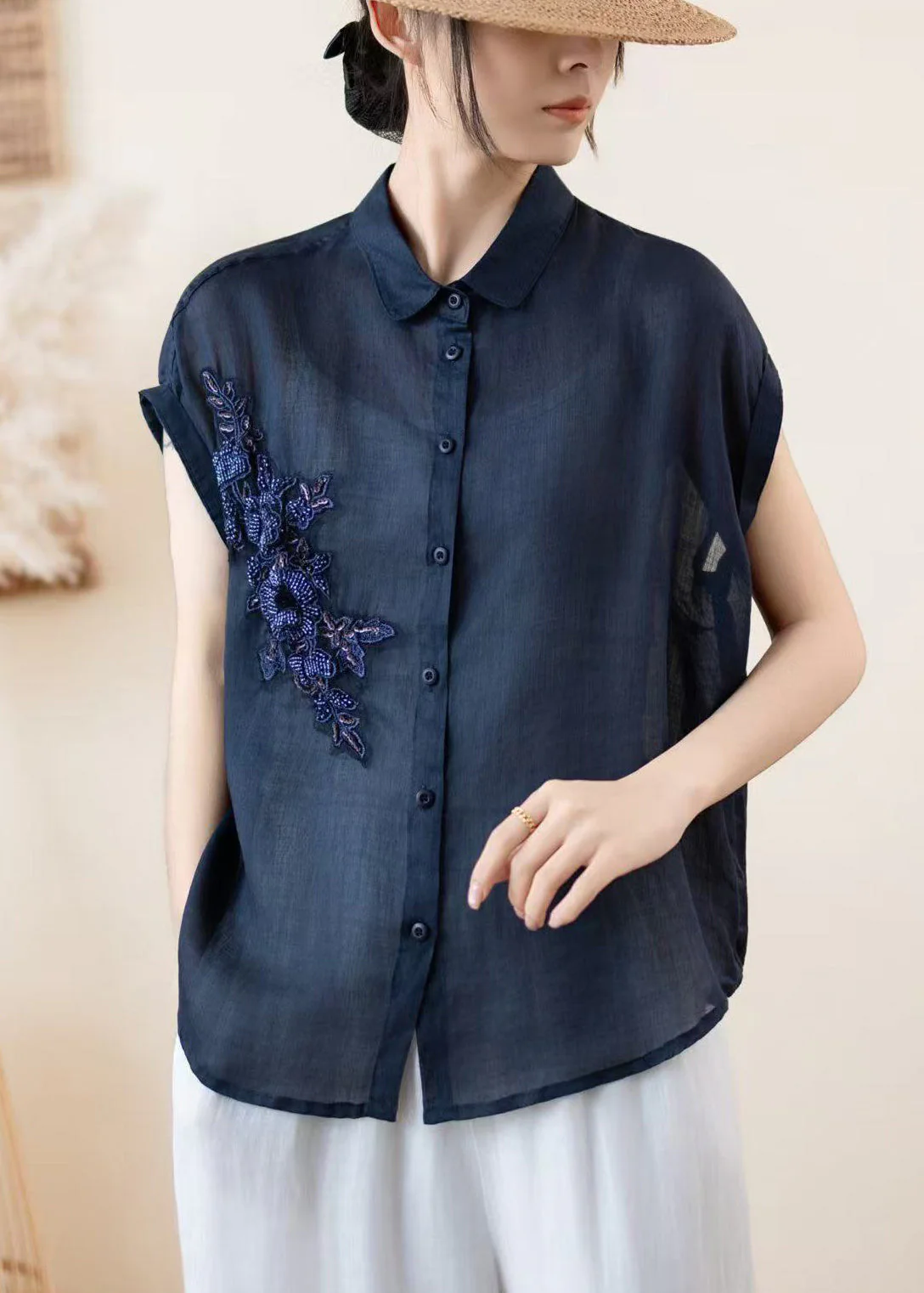 Women Navy Embroidered Linen Shirt Top Summer - Image 3