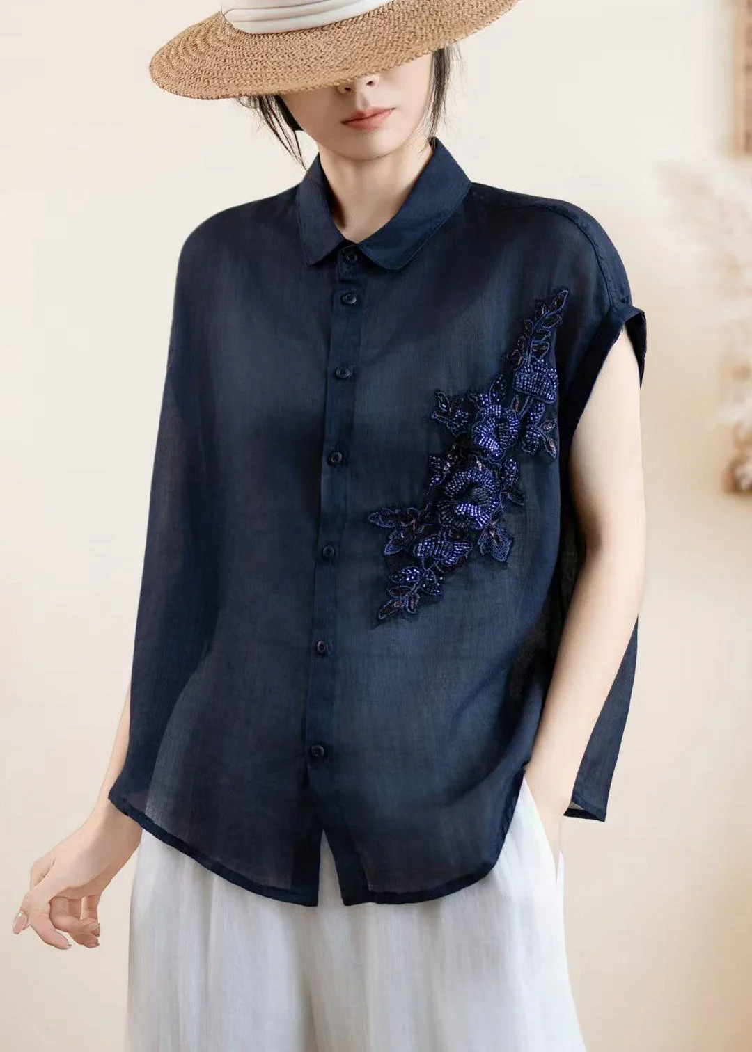 Women Navy Embroidered Linen Shirt Top Summer - Image 4
