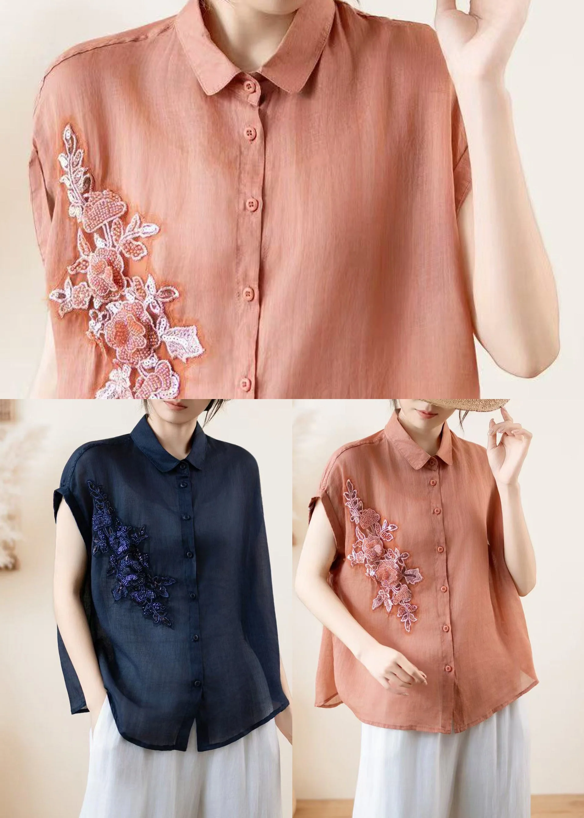 Women Navy Embroidered Linen Shirt Top Summer - Image 5