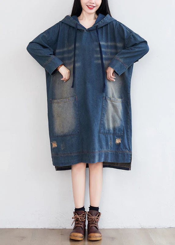 Women Navy Hooded Pockets Patchwork Denim Dresses Spring - Image 2