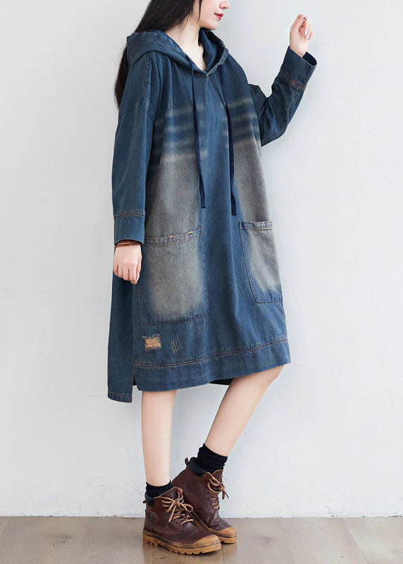 Women Navy Hooded Pockets Patchwork Denim Dresses Spring - Image 3