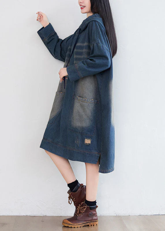 Women Navy Hooded Pockets Patchwork Denim Dresses Spring - Image 4