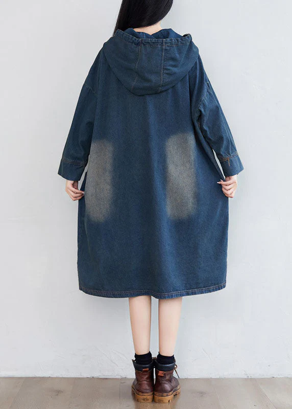 Women Navy Hooded Pockets Patchwork Denim Dresses Spring - Image 5