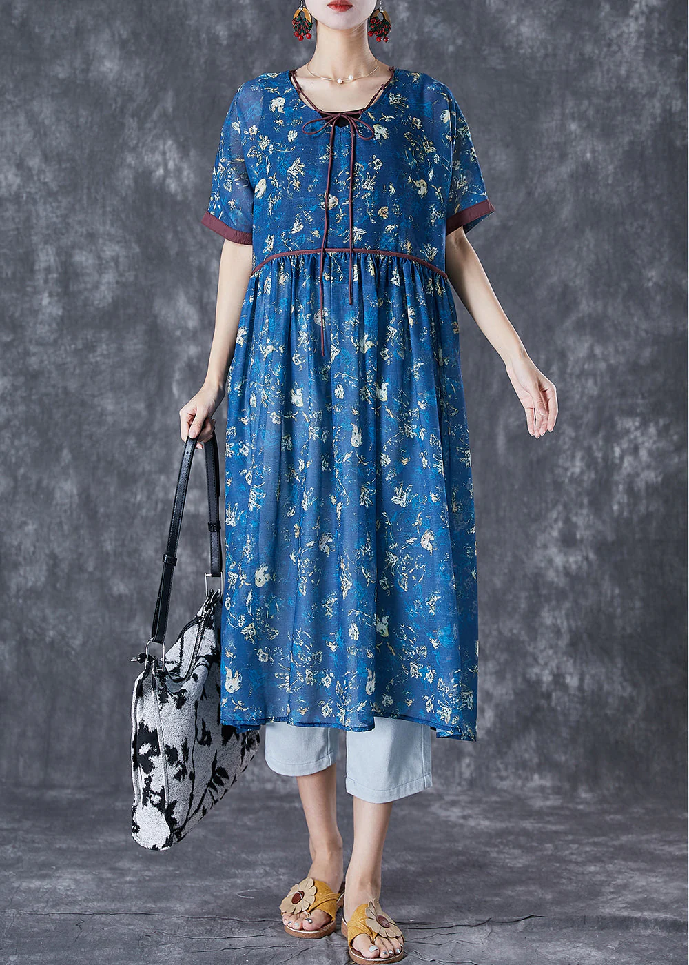 Women Navy Lace Up Tie Dye Linen Dresses Summer - Image 2