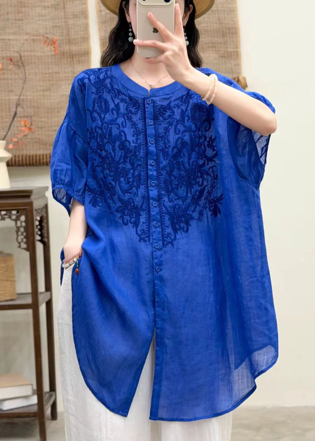 Women Navy O-Neck Embroidered Linen Shirt Top Summer - Image 3