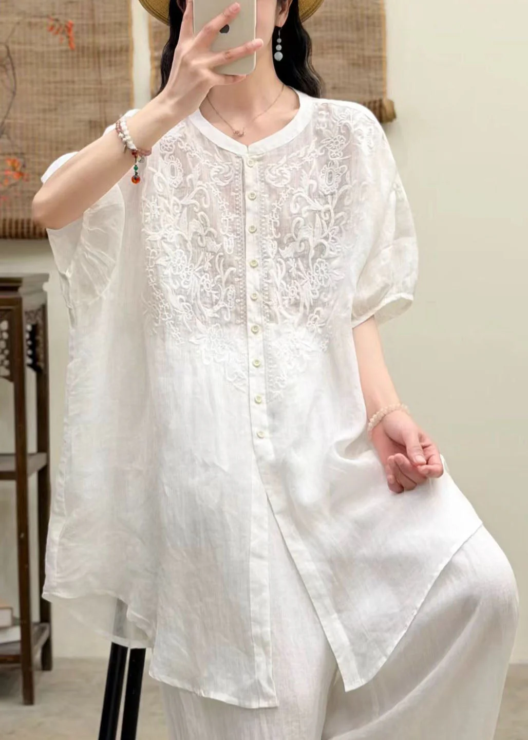 Women Navy O-Neck Embroidered Linen Shirt Top Summer - Image 4
