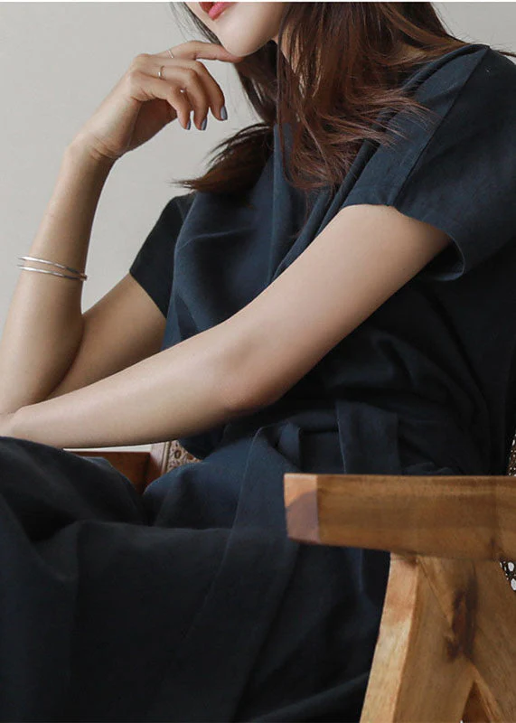 Women Navy O Neck Patchwork Side Open Tie Waist Cotton Dresses Summer - Image 3