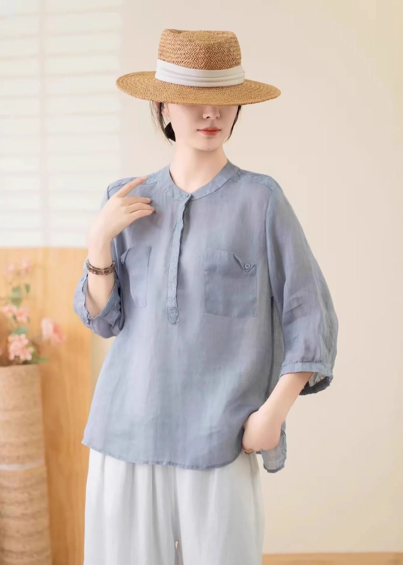 Women Navy O Neck Pockets Linen Top Summer - Image 5