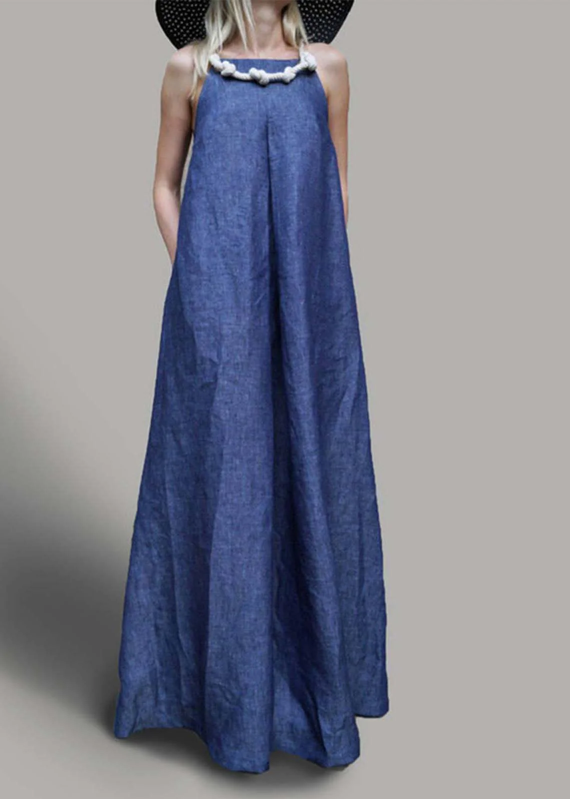Women Navy Oversized Denim Holiday Dress Sleeveless - Image 3