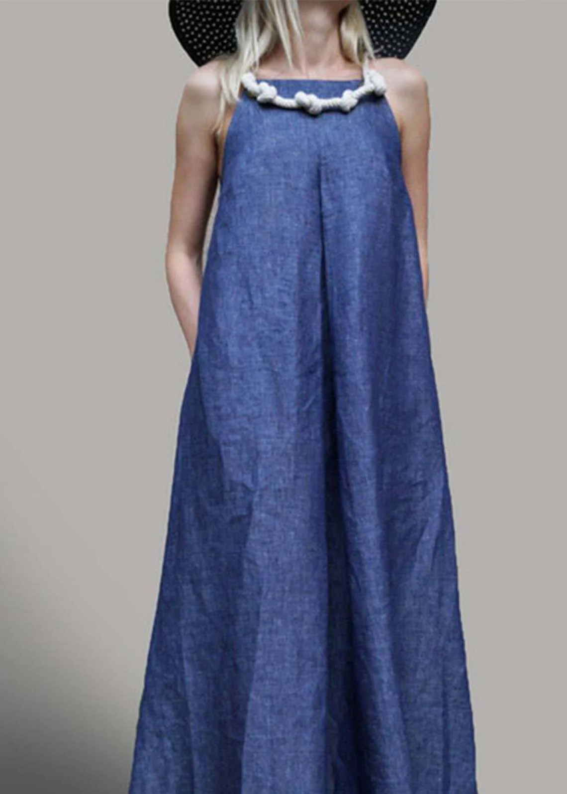 Women Navy Oversized Denim Holiday Dress Sleeveless - Image 4