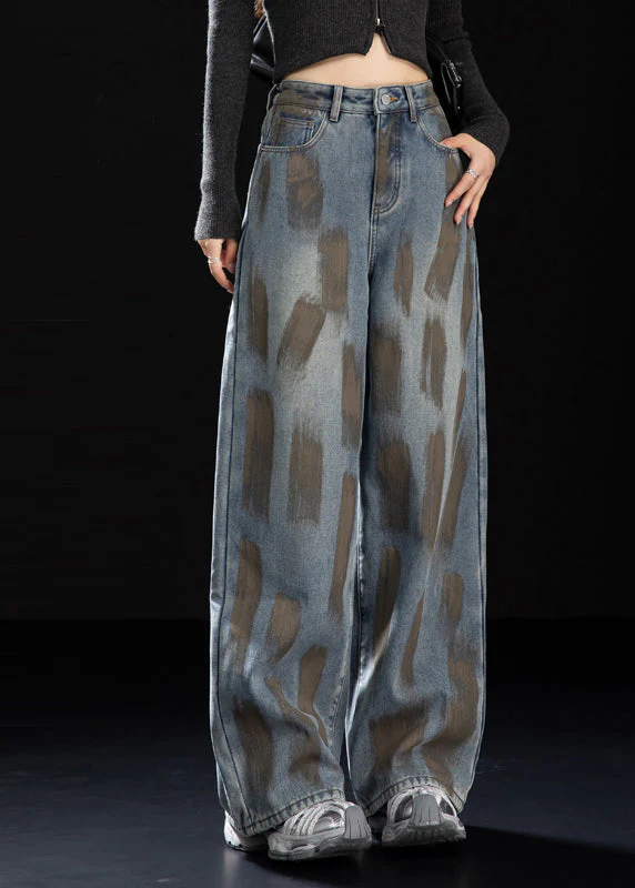Women Navy Oversized Painting Warm Fleece Denim Pants Winter
