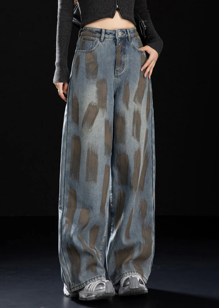 Women Navy Oversized Painting Warm Fleece Denim Pants Winter - Image 2