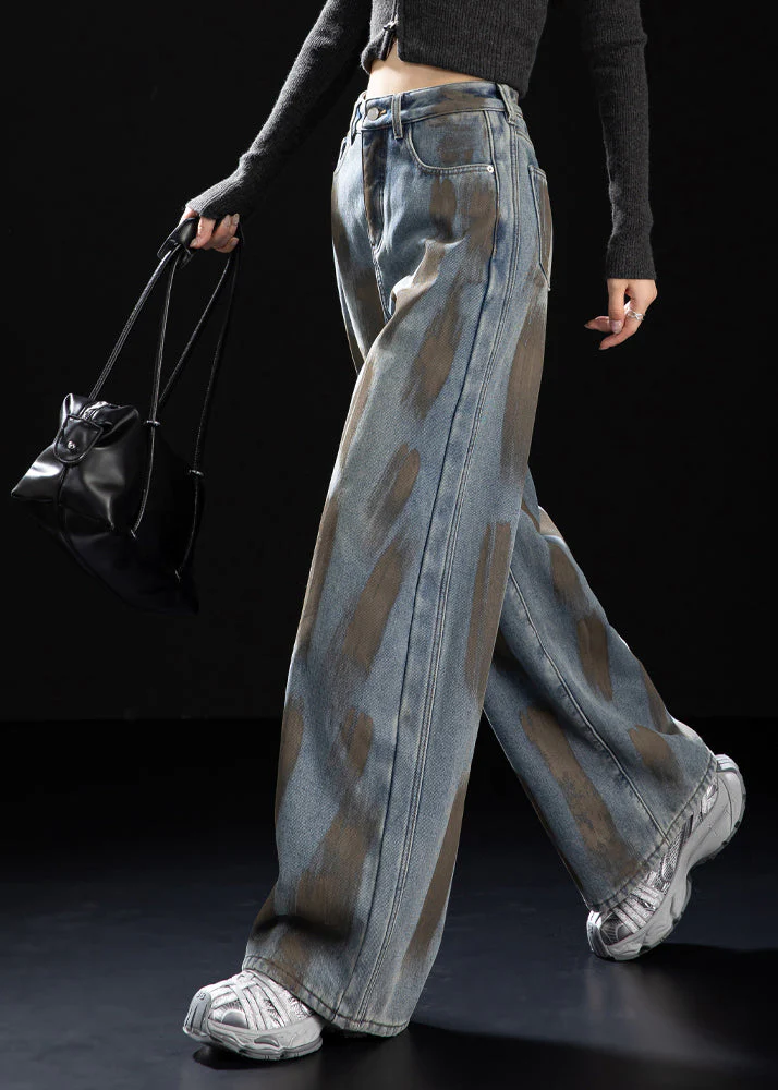 Women Navy Oversized Painting Warm Fleece Denim Pants Winter - Image 3
