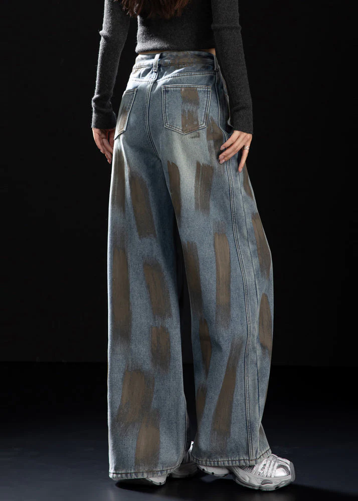 Women Navy Oversized Painting Warm Fleece Denim Pants Winter - Image 4