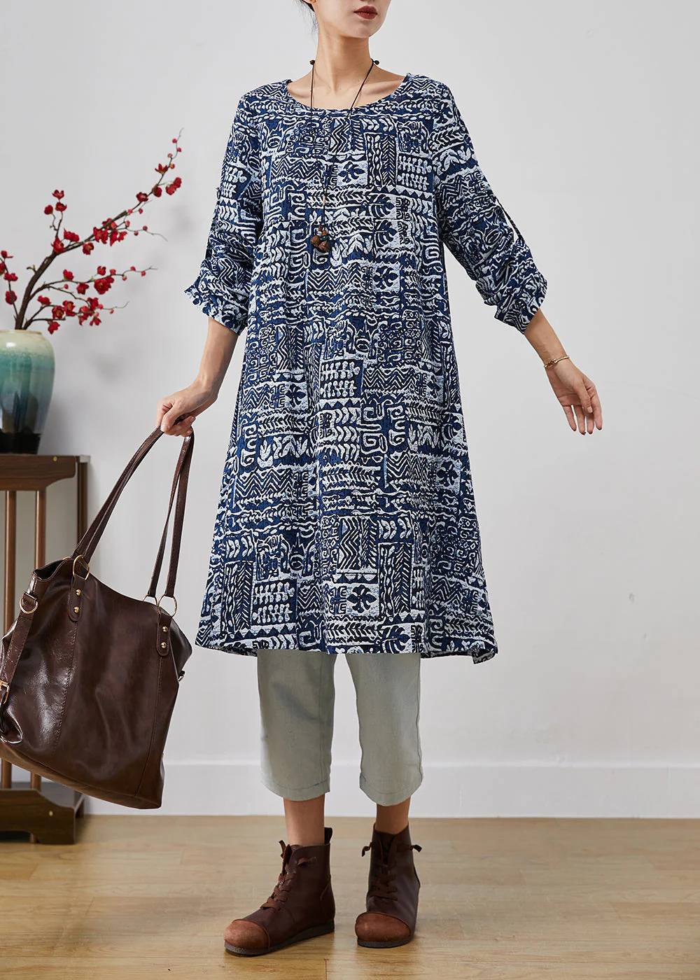 Women Navy Oversized Print Linen Dress Fall - Image 2