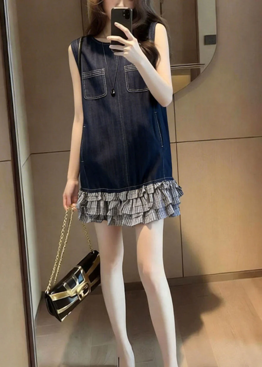 Women Navy Patchwork Denim Tea Dress Sleeveless - Image 5