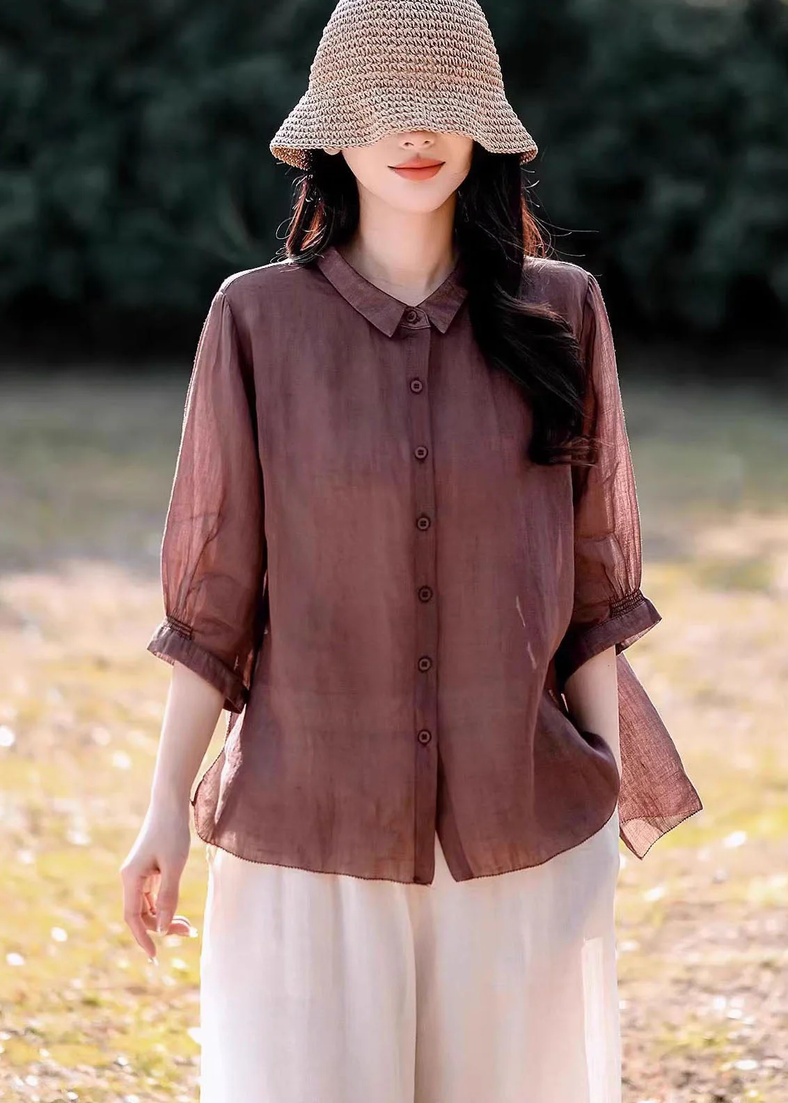 Women Navy Peter Pan Collar Button Linen Blouse Top Summer - Image 2