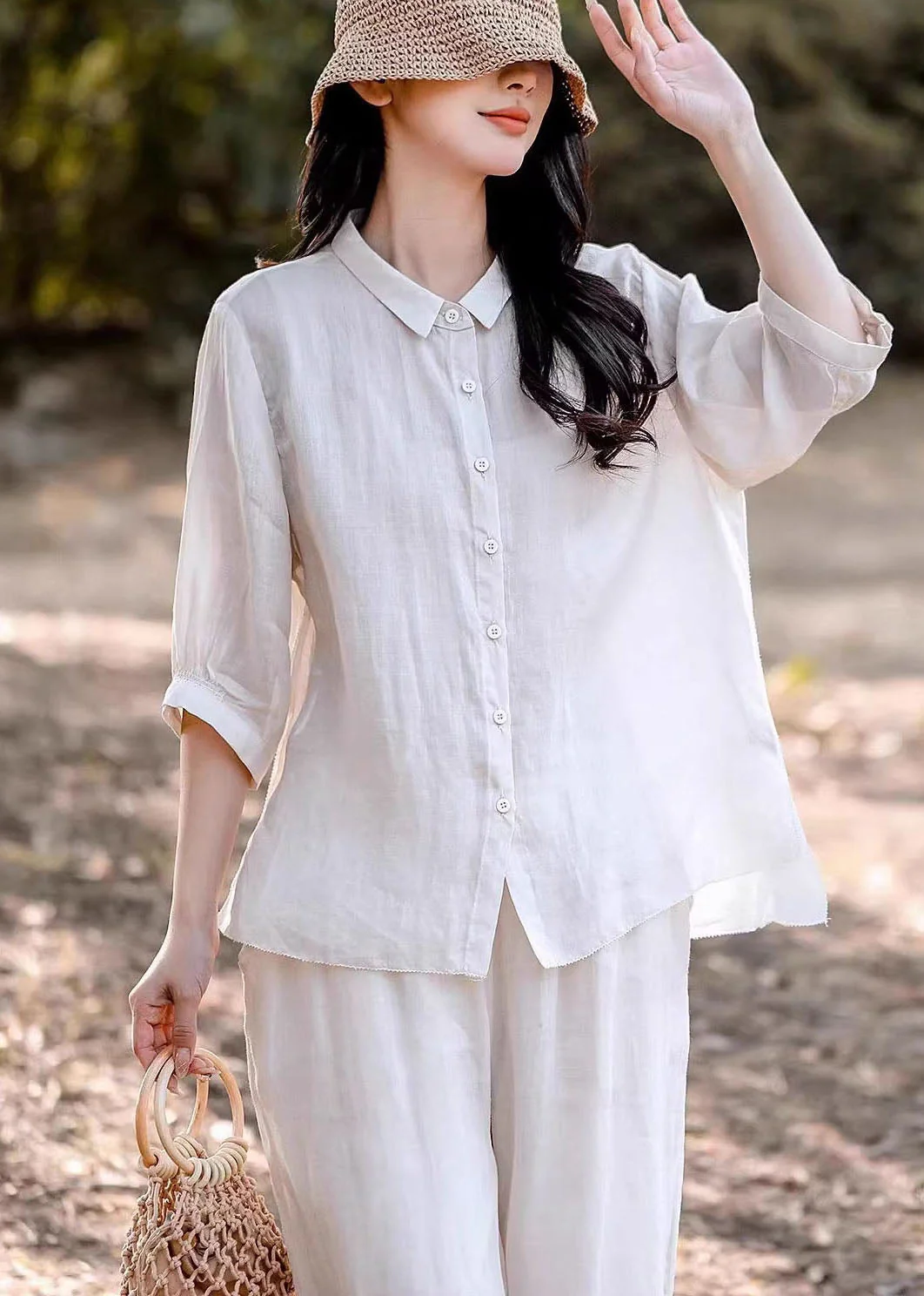 Women Navy Peter Pan Collar Button Linen Blouse Top Summer - Image 3