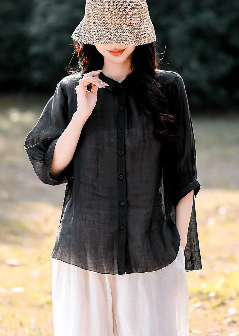Women Navy Peter Pan Collar Button Linen Blouse Top Summer - Image 4