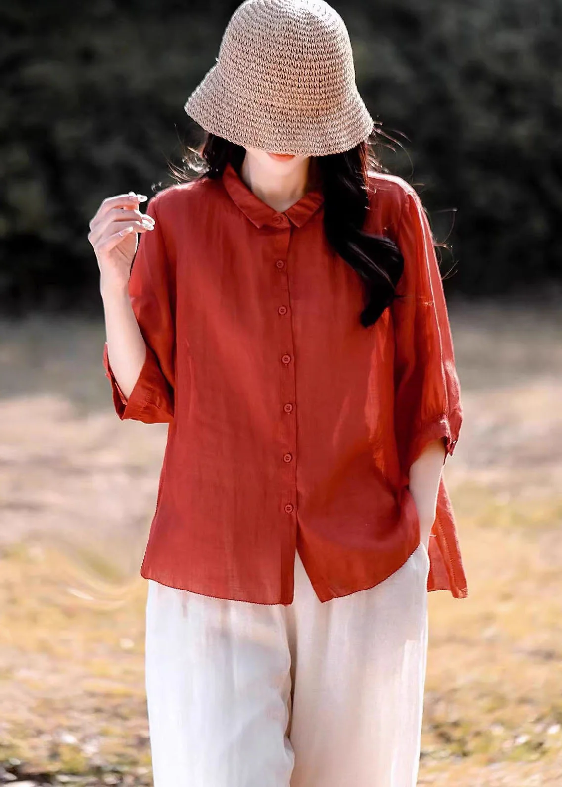 Women Navy Peter Pan Collar Button Linen Blouse Top Summer - Image 5