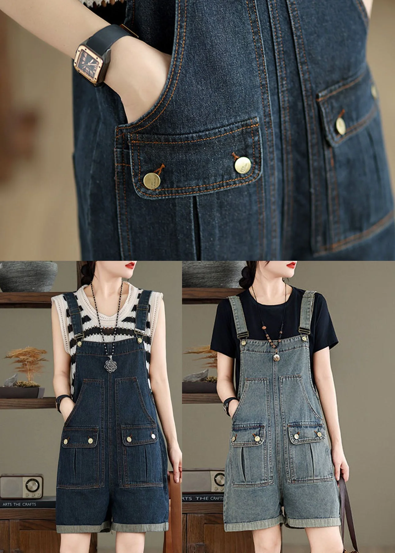 Women Navy Pockets Denim Overalls Jumpsuit Summer - Image 5