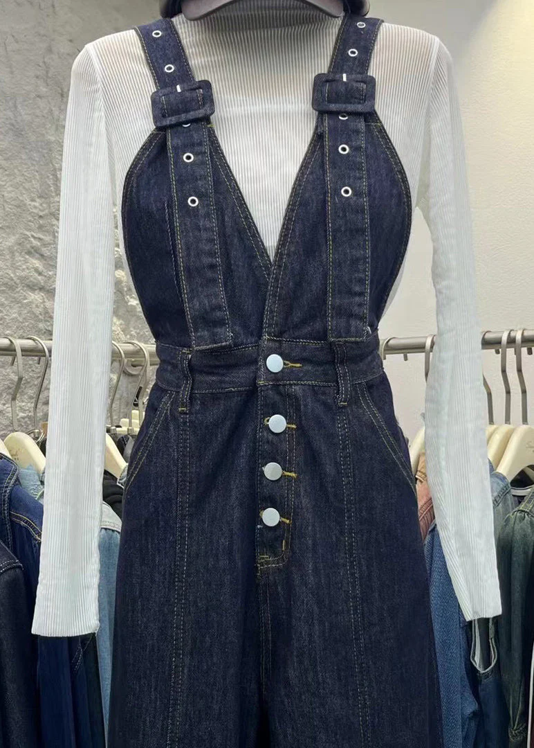 Women Navy Pockets Patchwork Denim Jumpsuits Spring - Image 3