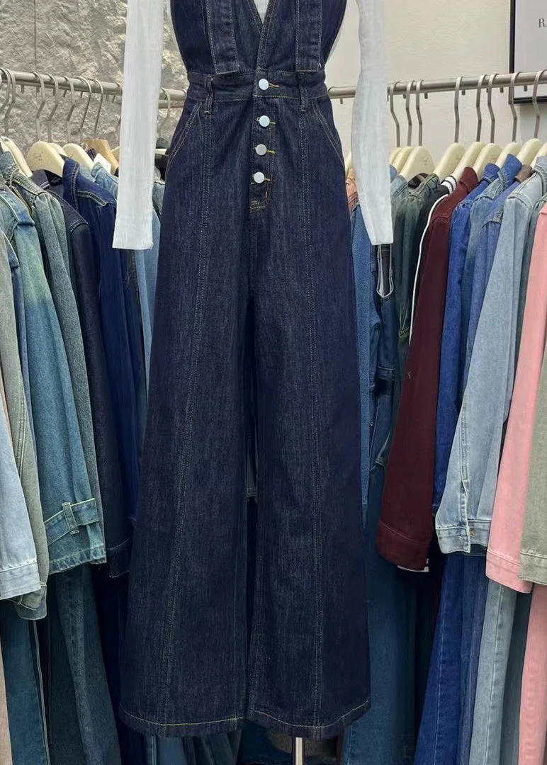 Women Navy Pockets Patchwork Denim Jumpsuits Spring - Image 4