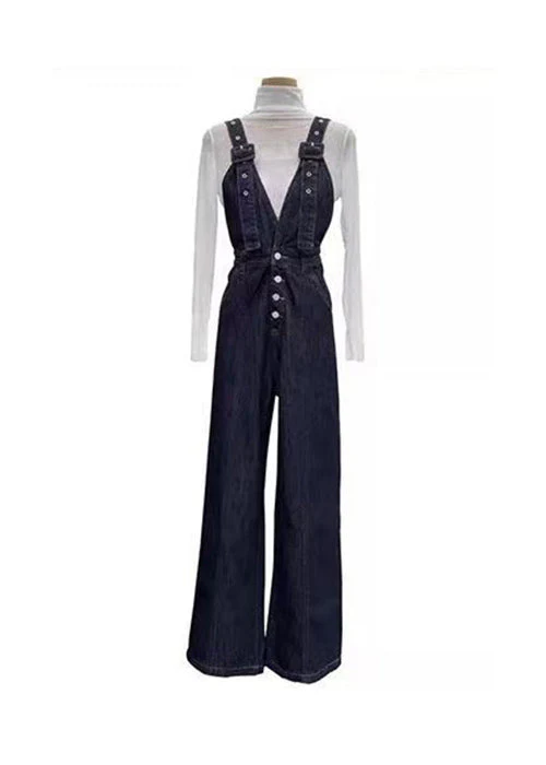Women Navy Pockets Patchwork Denim Jumpsuits Spring - Image 5