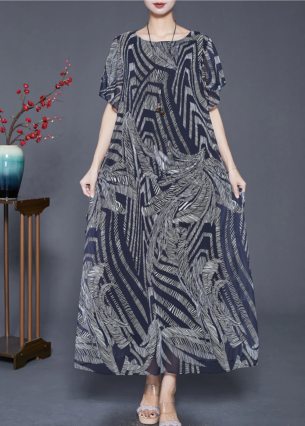 Women Navy Print Exra Large Hem Chiffon Holiday Dress Butterfly Sleeve - Image 2