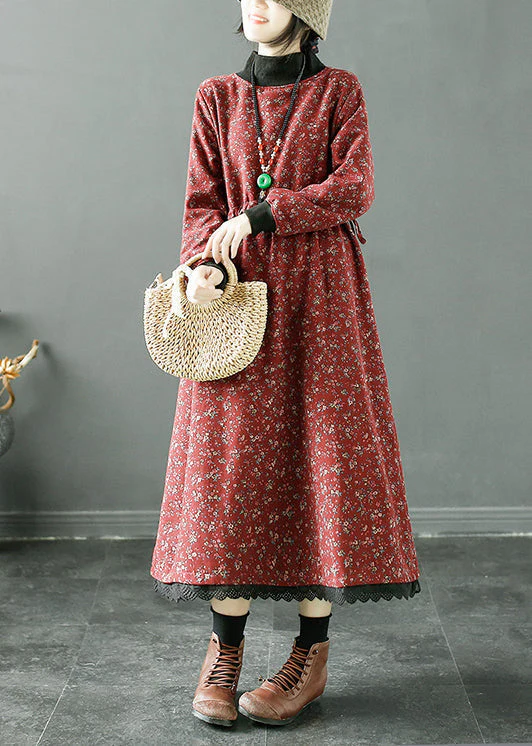 Women Navy Print Lace Up Patchwork Fleece Long Dress Winter - Image 2
