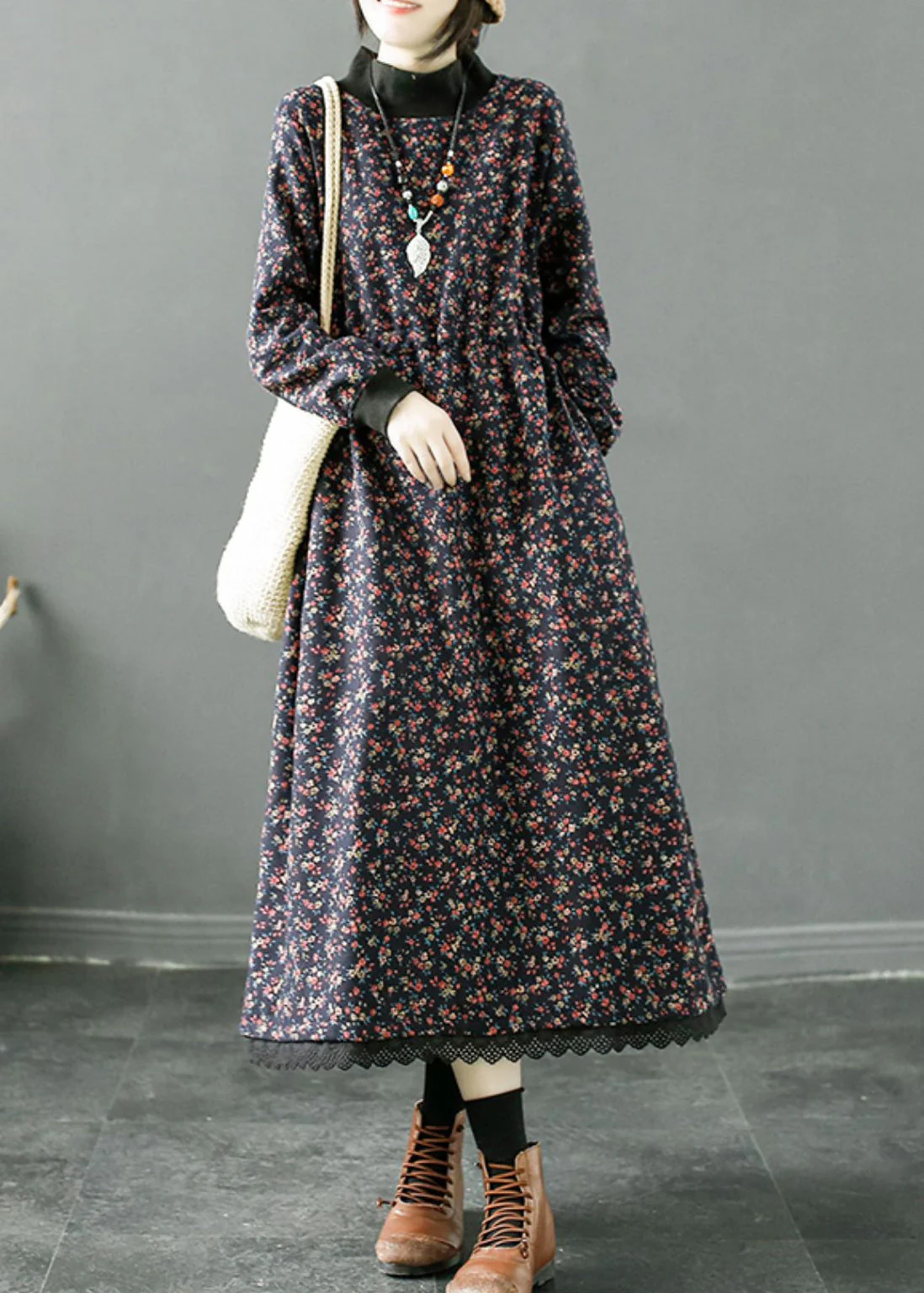 Women Navy Print Lace Up Patchwork Fleece Long Dress Winter - Image 3