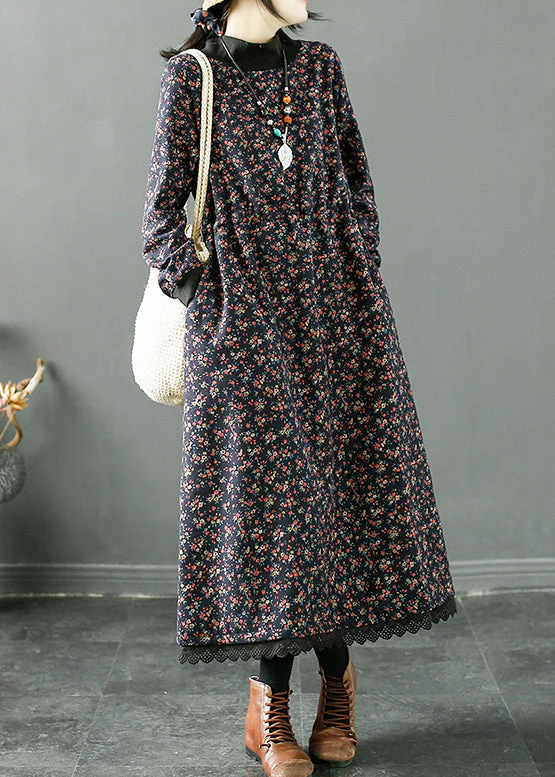 Women Navy Print Lace Up Patchwork Fleece Long Dress Winter - Image 4