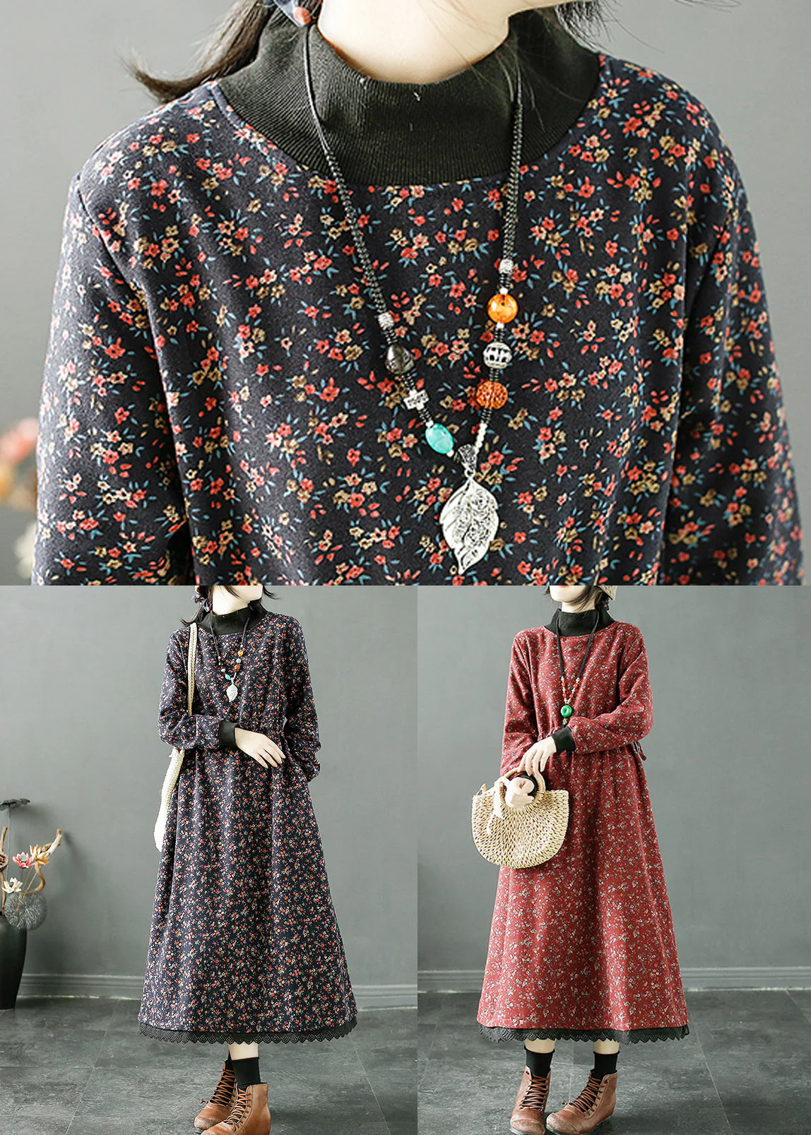 Women Navy Print Lace Up Patchwork Fleece Long Dress Winter - Image 5