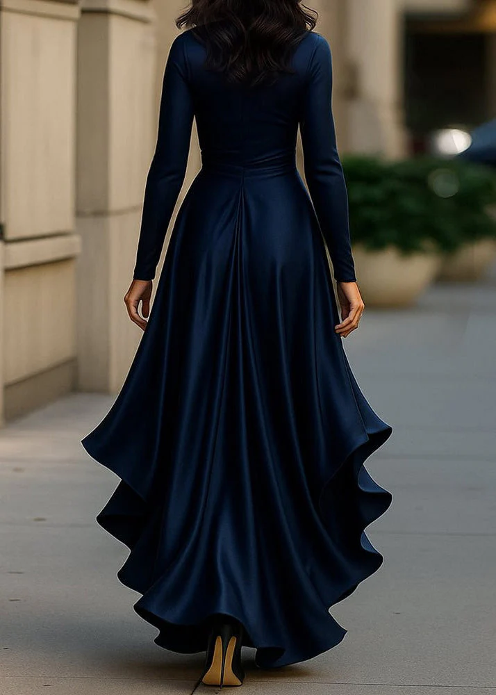 Women Navy Ruffled Asymmetrical Design Silk Dress Spring