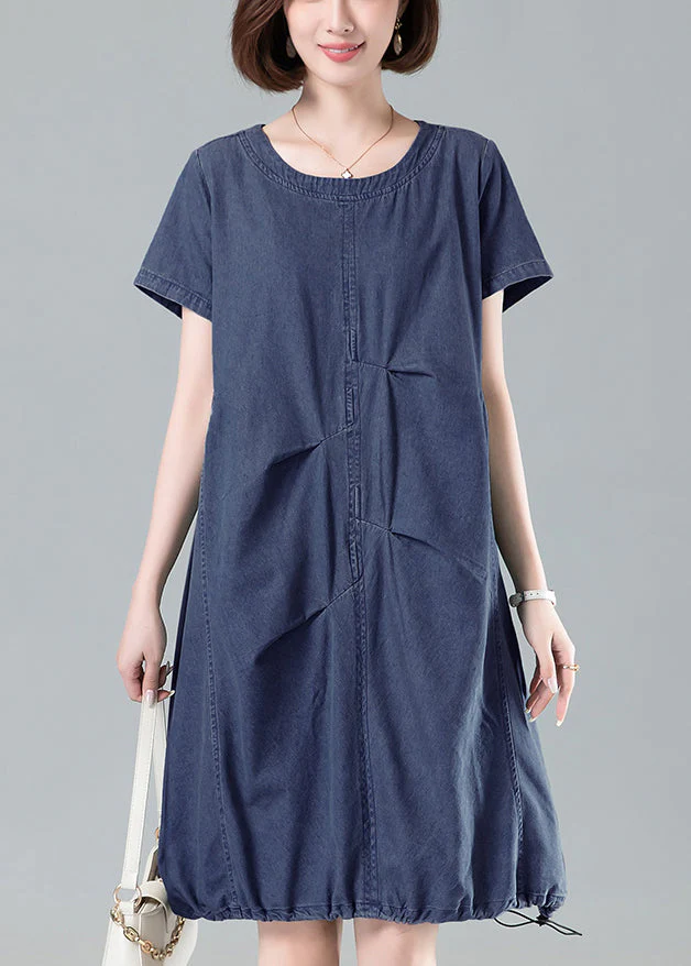 Women Navy Ruffled Drawstring Denim Dresses Summer - Image 2