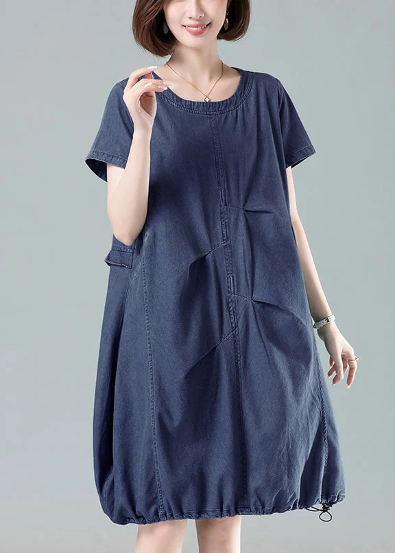 Women Navy Ruffled Drawstring Denim Dresses Summer - Image 3